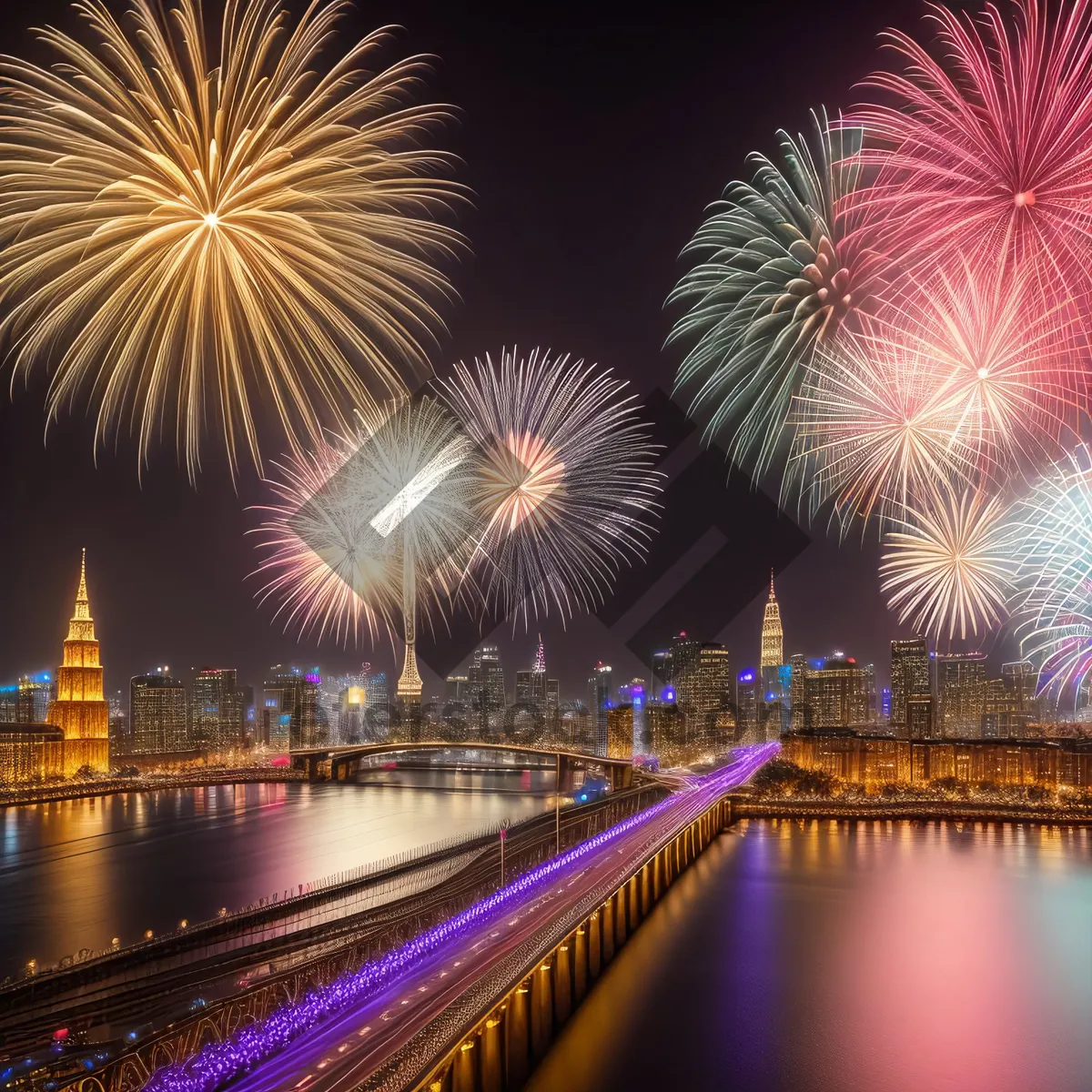 Picture of Night Sky Fireworks: Bright Explosion of Colorful Lighting