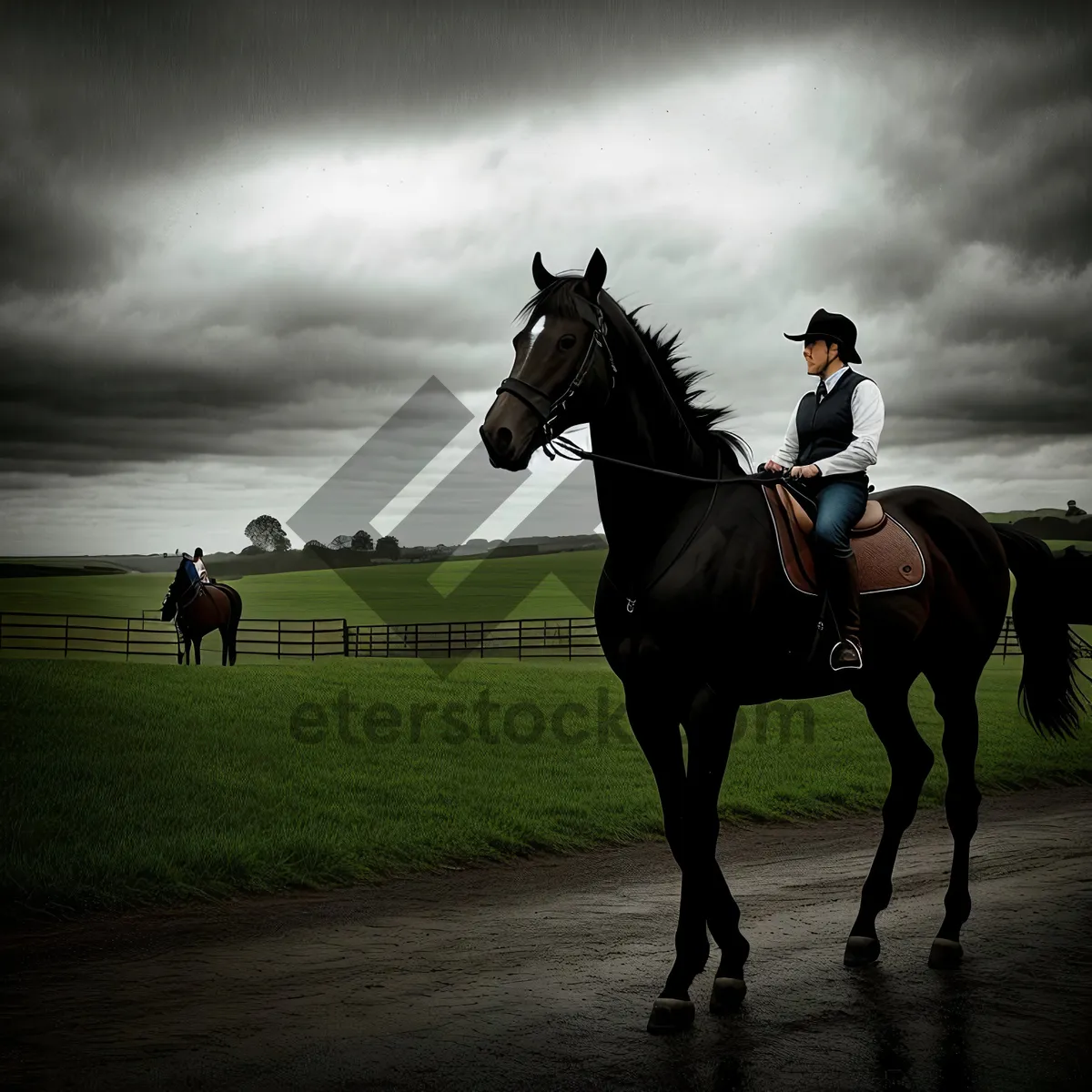 Picture of Elegant Brown Stallion Galloping Through Green Field