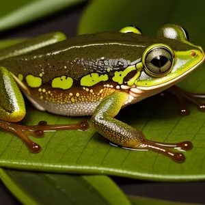 Orange-eyed Tree Frog peeping through leaf