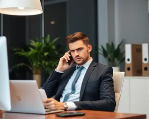 Smiling executive businessman working on laptop in office