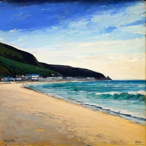 Serene Beachscape: Turquoise Waves and Palm Trees