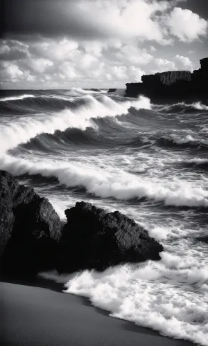 Tropical beach with waves crashing on rocks