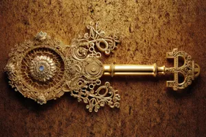 Antique golden key with intricate metal mechanism.