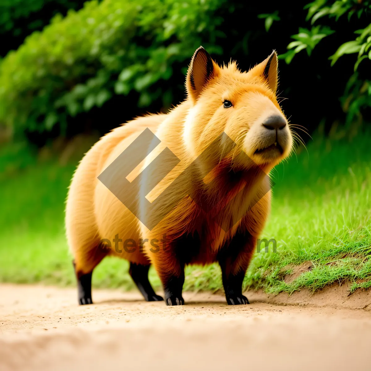 Picture of Adorable Brown Horse Grazing in Farm Field