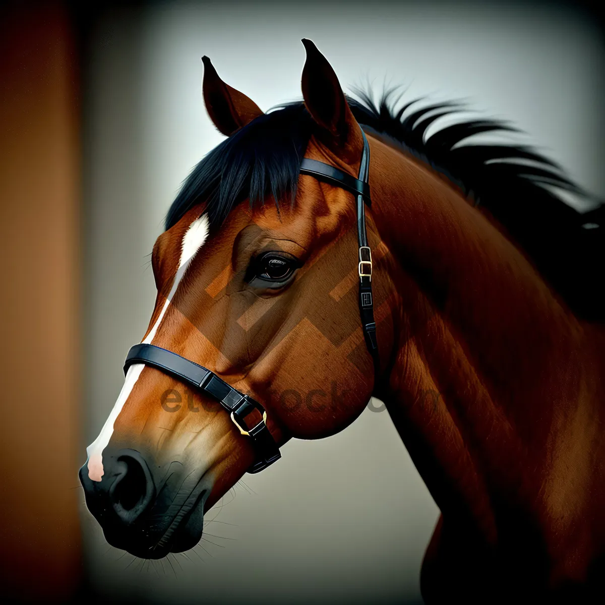 Picture of Thoroughbred Stallion in Bridle and Muzzle