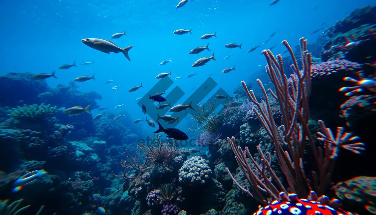 Picture of Colorful underwater fish swimming in sunny coral reef.