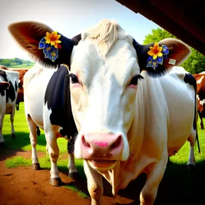 Dairy cow grazing on peaceful meadow.