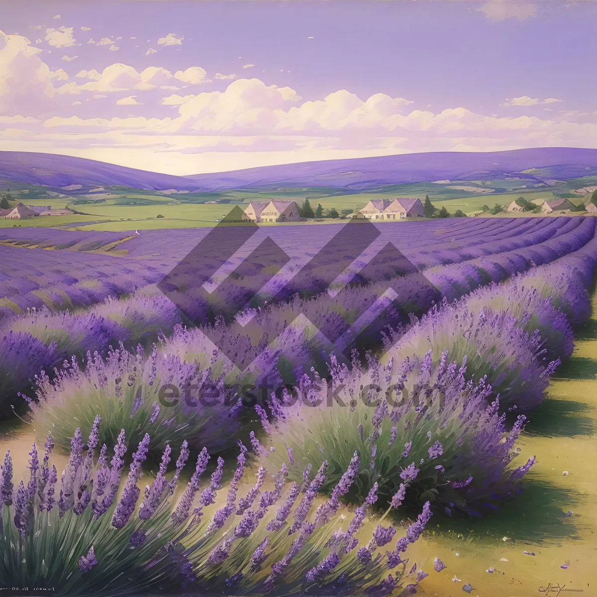 Picture of Serene Lavender Meadow Underneath Majestic Mountains