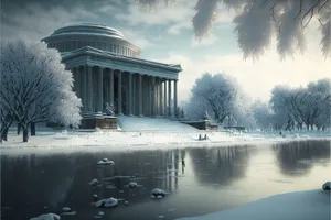 Snowy building overlooking lakeside fountain and river