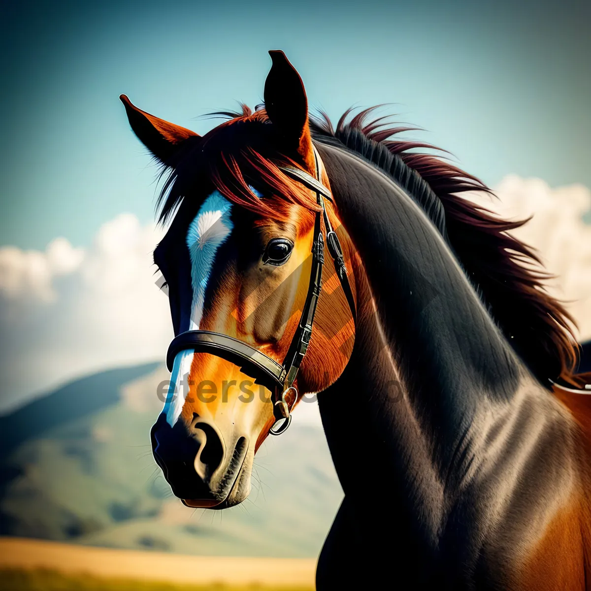 Picture of Beautiful Thoroughbred Stallion Grazing in Field