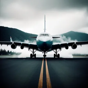 Jet airliner taking off at busy airport.