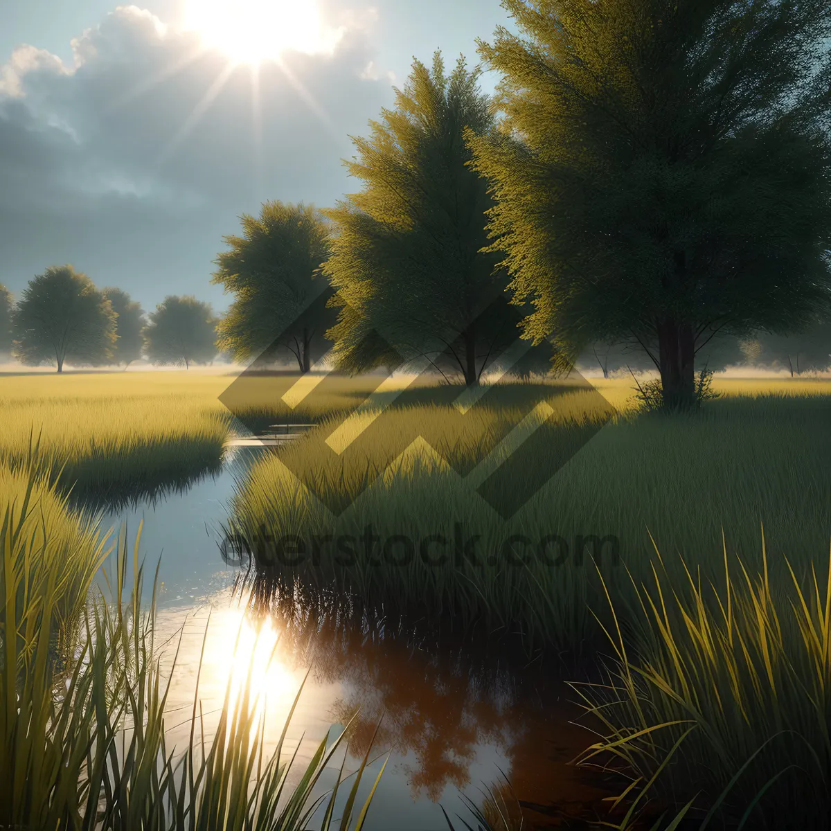 Picture of Serene Sunset over Lush Meadow and Reflecting Lake