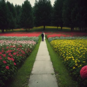 Serene Summer Landscape with Green Fields and Tulip Garden