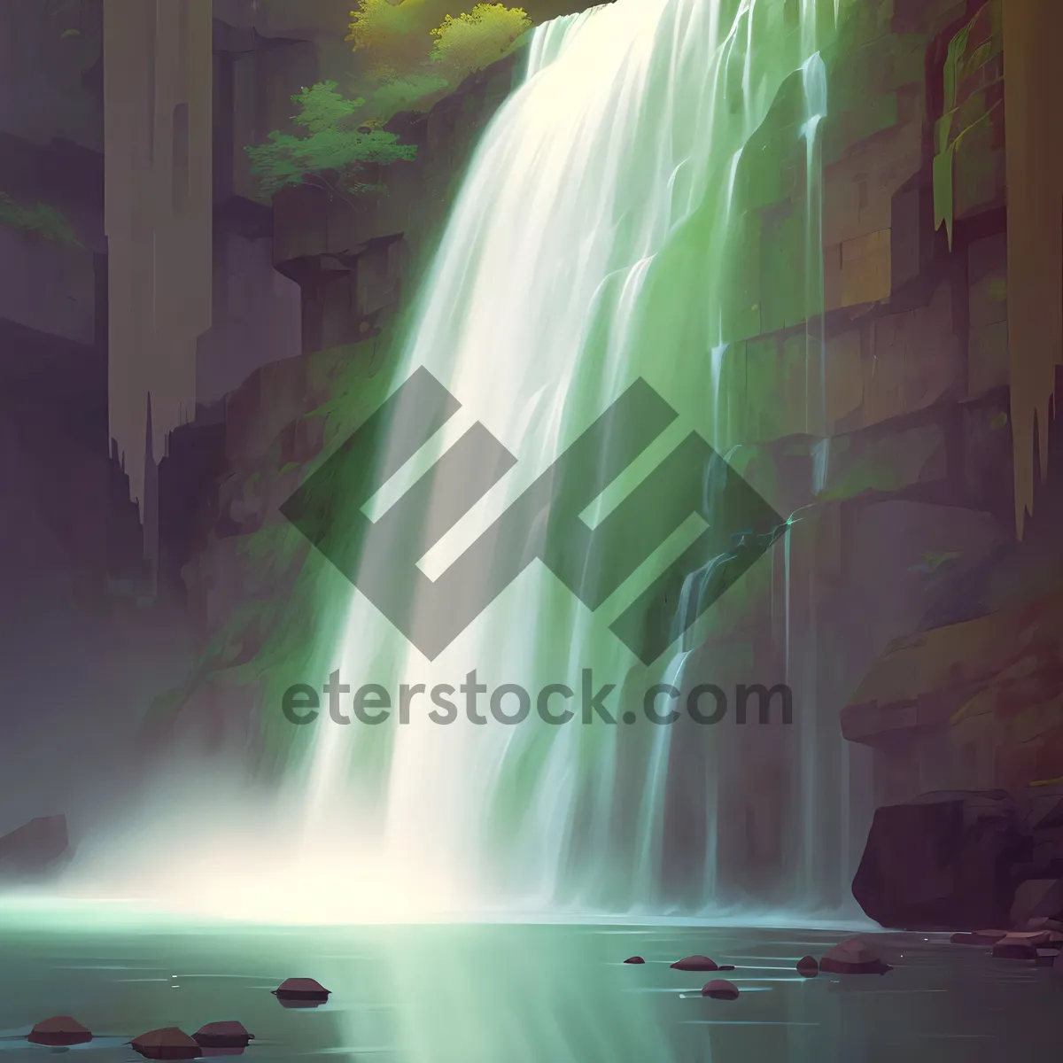 Picture of Serene Waterfall Cascading Through Enchanting Forest