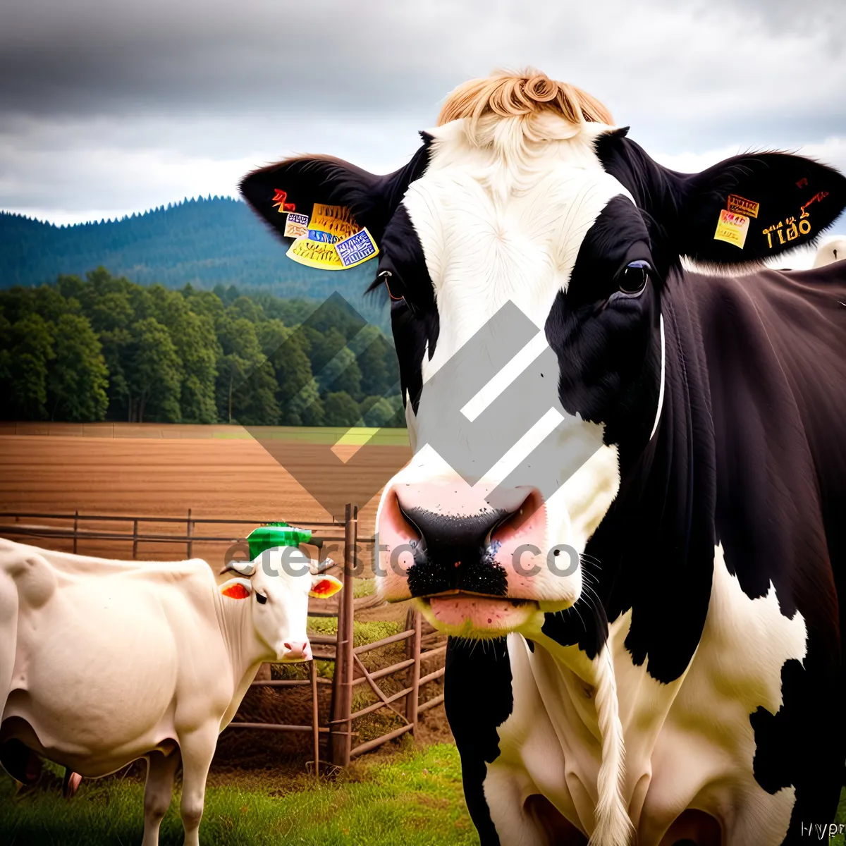 Picture of Cows Grazing in Lush Pasture on Farm