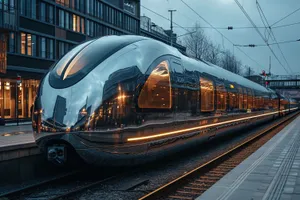 Urban transportation hub with fast train passing through tunnel.