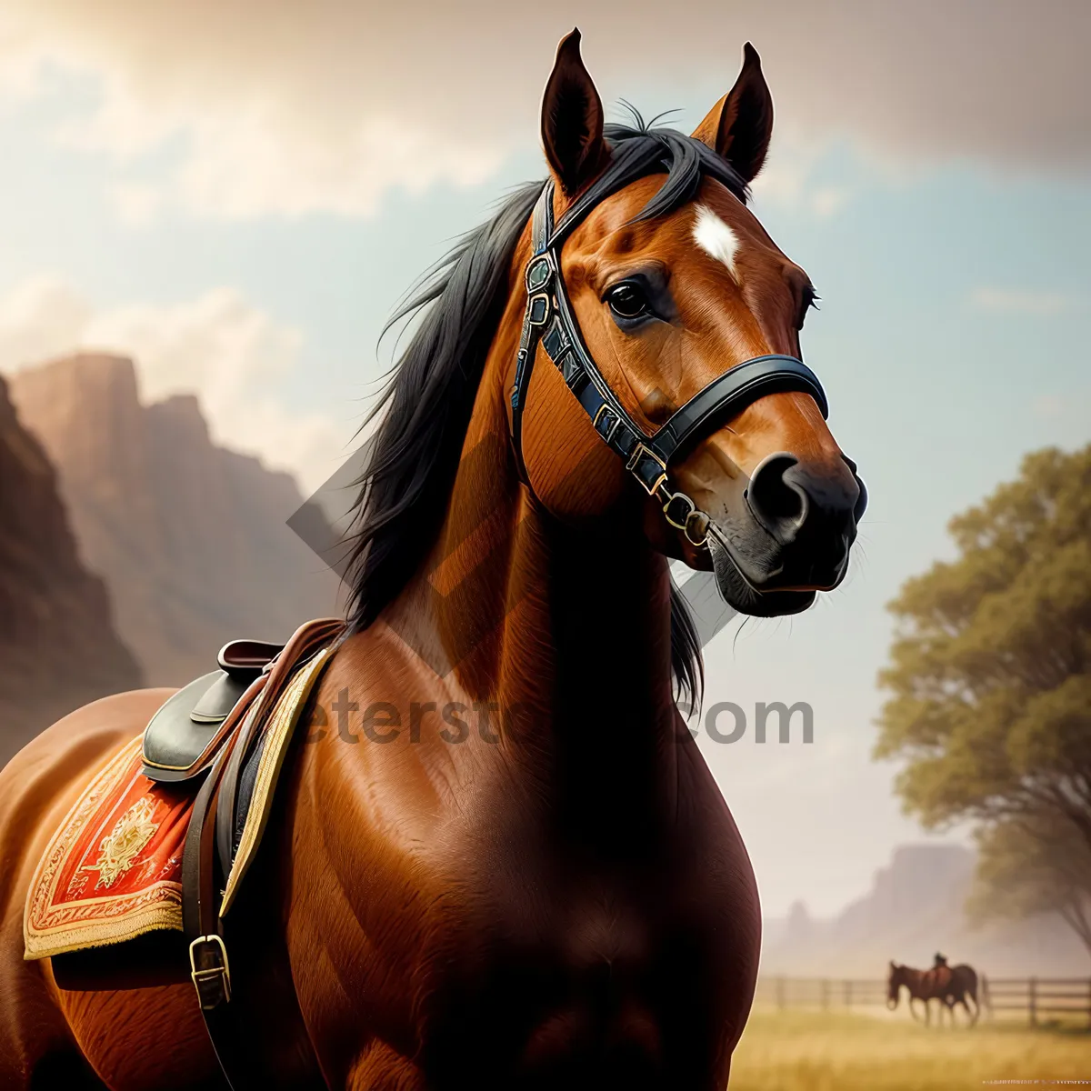 Picture of Beautiful Brown Stallion in Equestrian Field