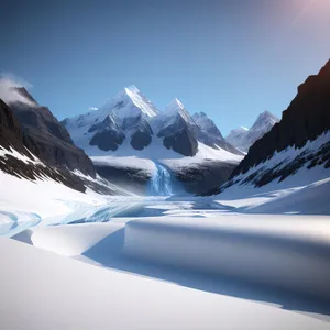 Frozen Majesty: Snowy Alpine Glacier and Majestic Mountains