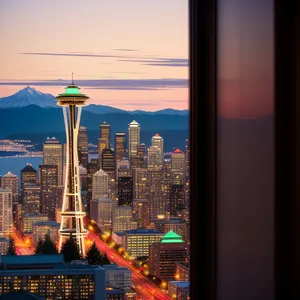 Riverfront Financial Center at Sunset: Illuminating Urban Skyline