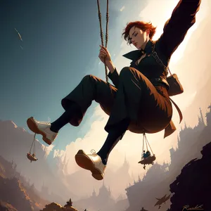 Joyful man leaps into the sky with a swing.