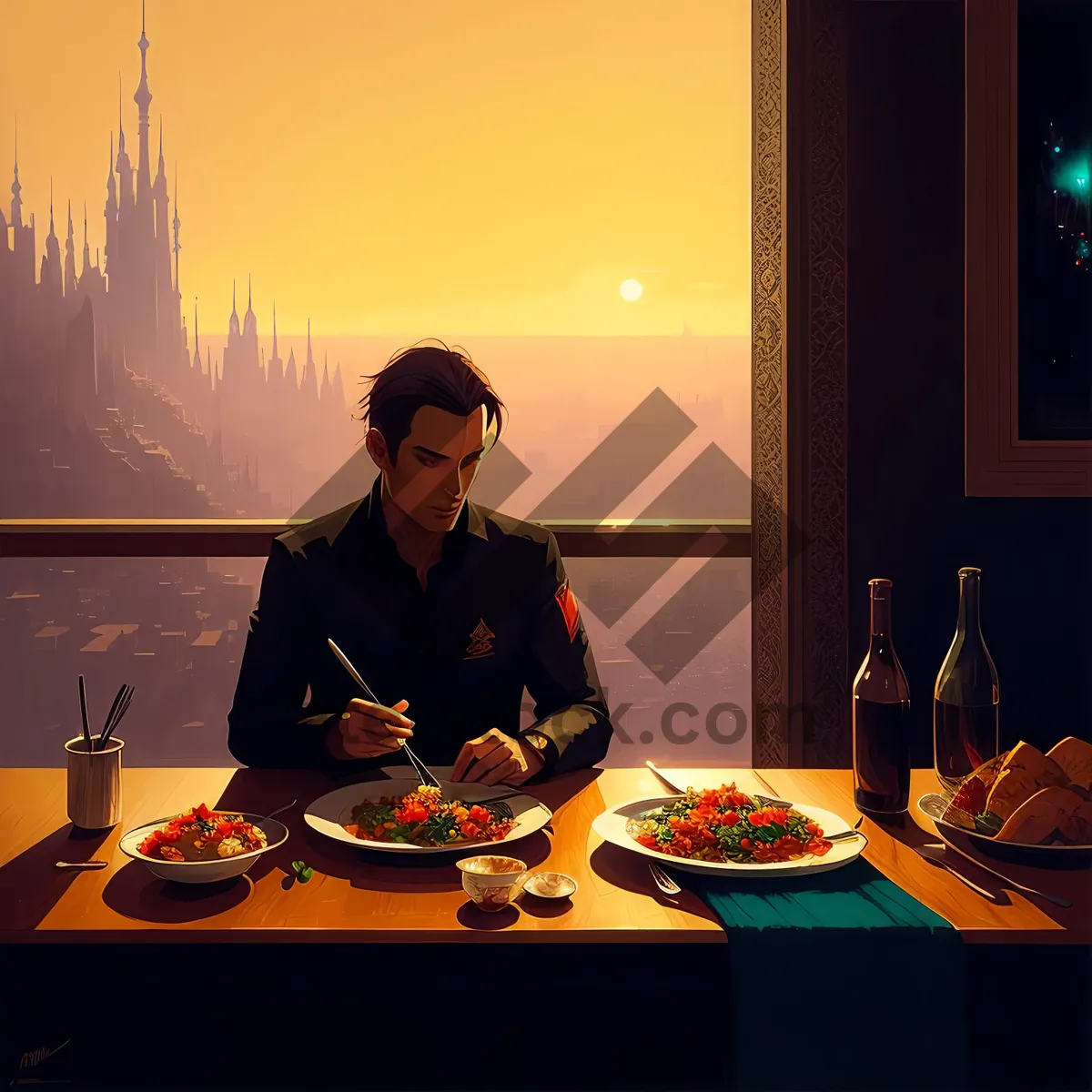 Picture of Smiling waiter serving at a restaurant table.