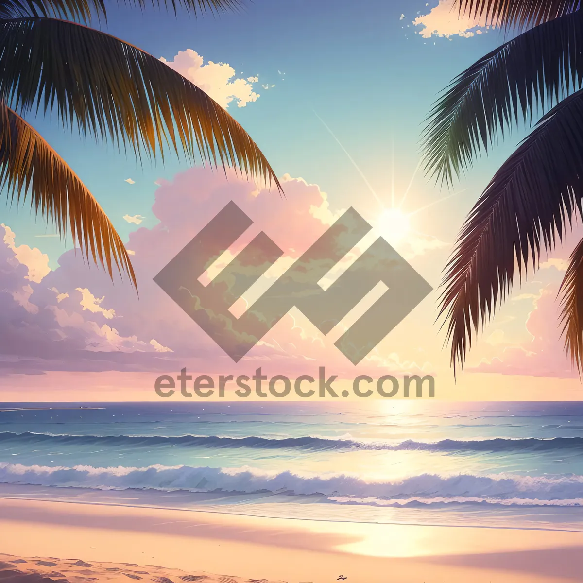 Picture of Tropical paradise at sunset with palm trees.