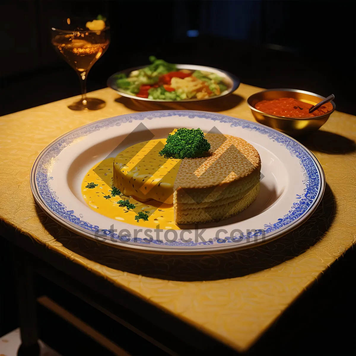 Picture of Delicious gourmet meat dish on restaurant table.