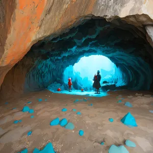 Chalk drawing of bag in canyon with water