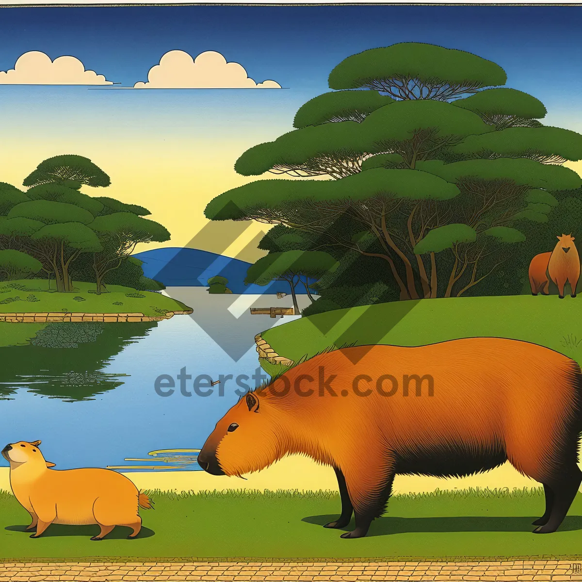 Picture of Summer Skyline: Rural Meadow with Grazing Hippopotamus