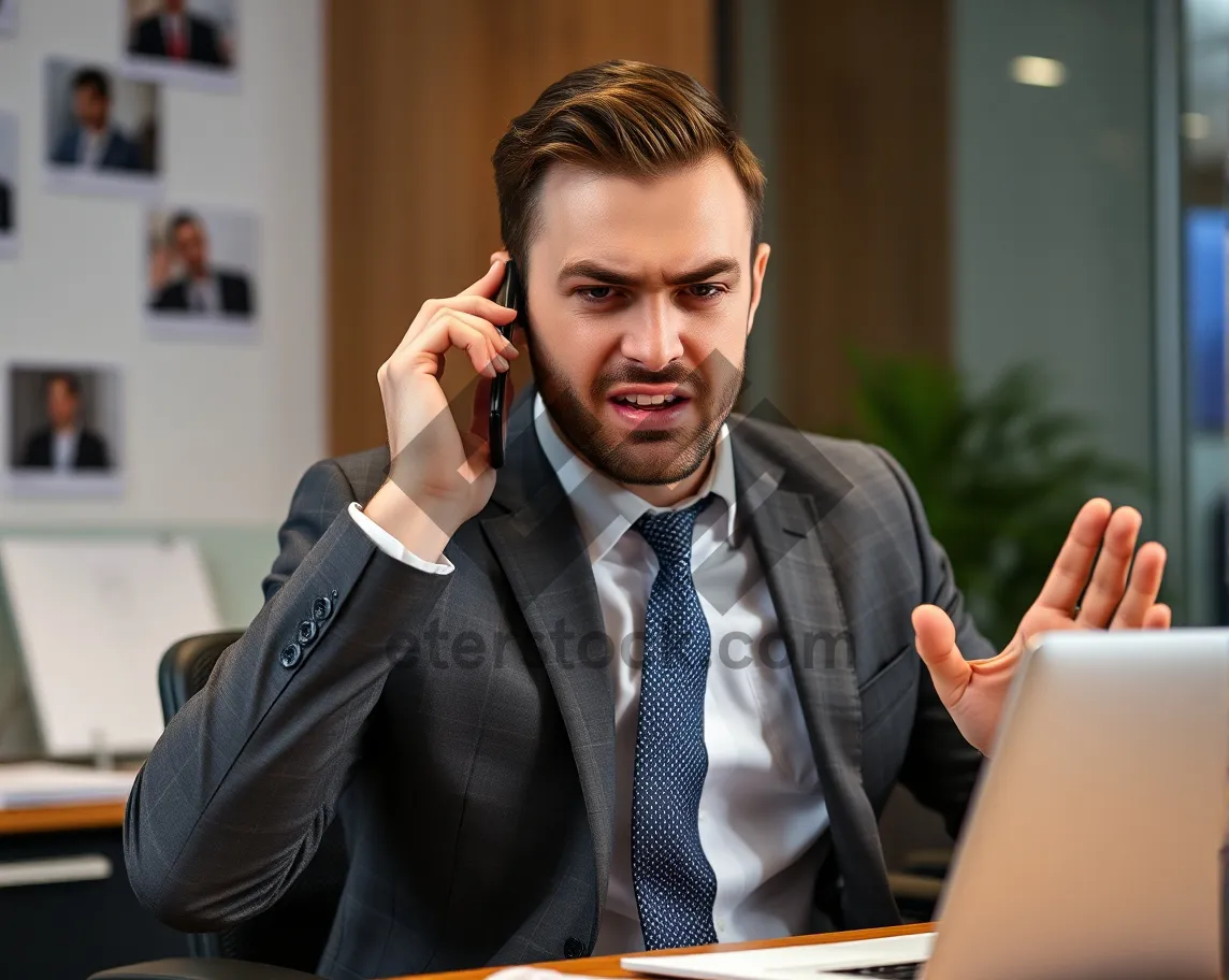 Picture of Happy smiling businessman in office with laptop working professionally