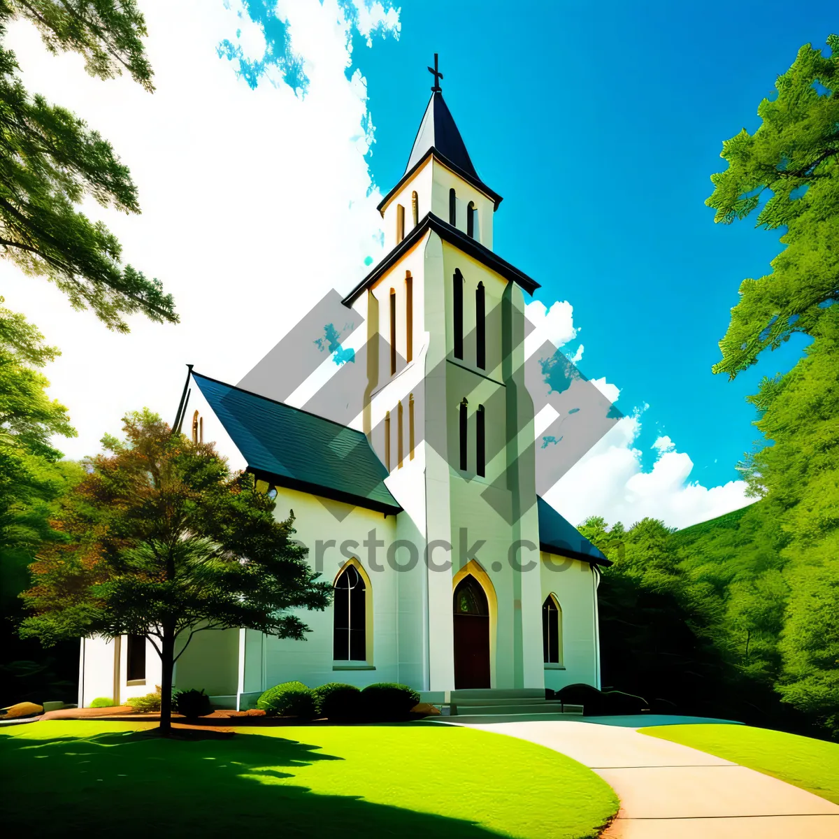 Picture of Historic Cathedral Tower with Cross: Symbolizing Faith and History in Ancient City