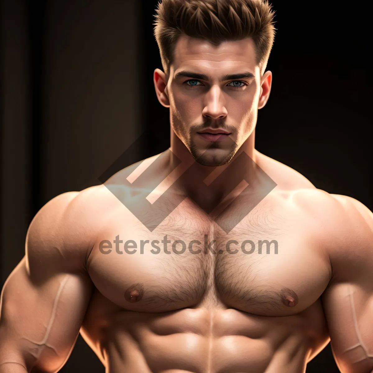 Picture of Powerful Muscle Man Flexing Abs and Biceps