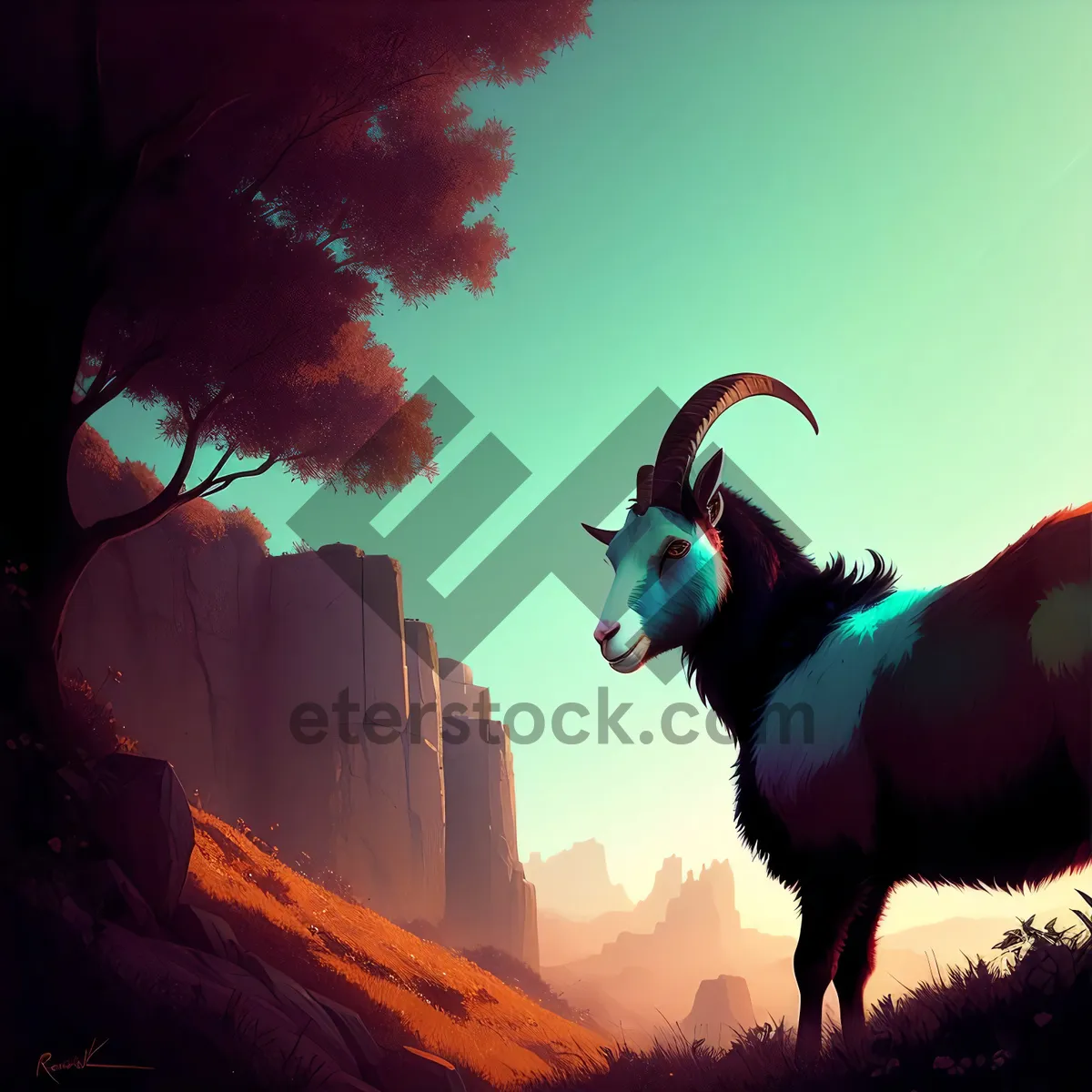 Picture of Serenity at Sunset: Bighorn Ram Silhouette in Mountain Landscape.