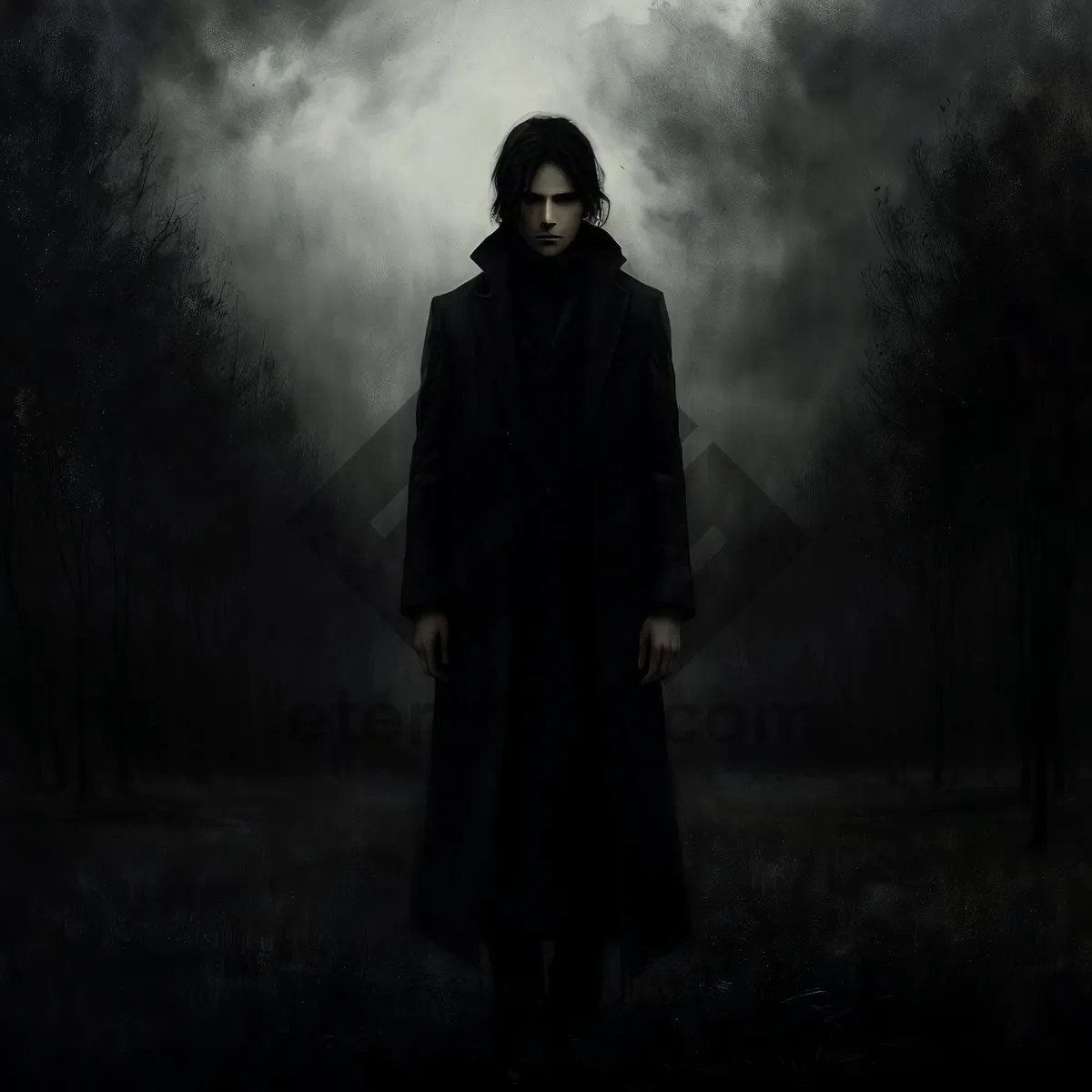 Picture of Silhouette of man in black cloak under sunset sky