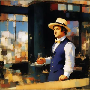 Happy male waiter in cowboy hat at work.