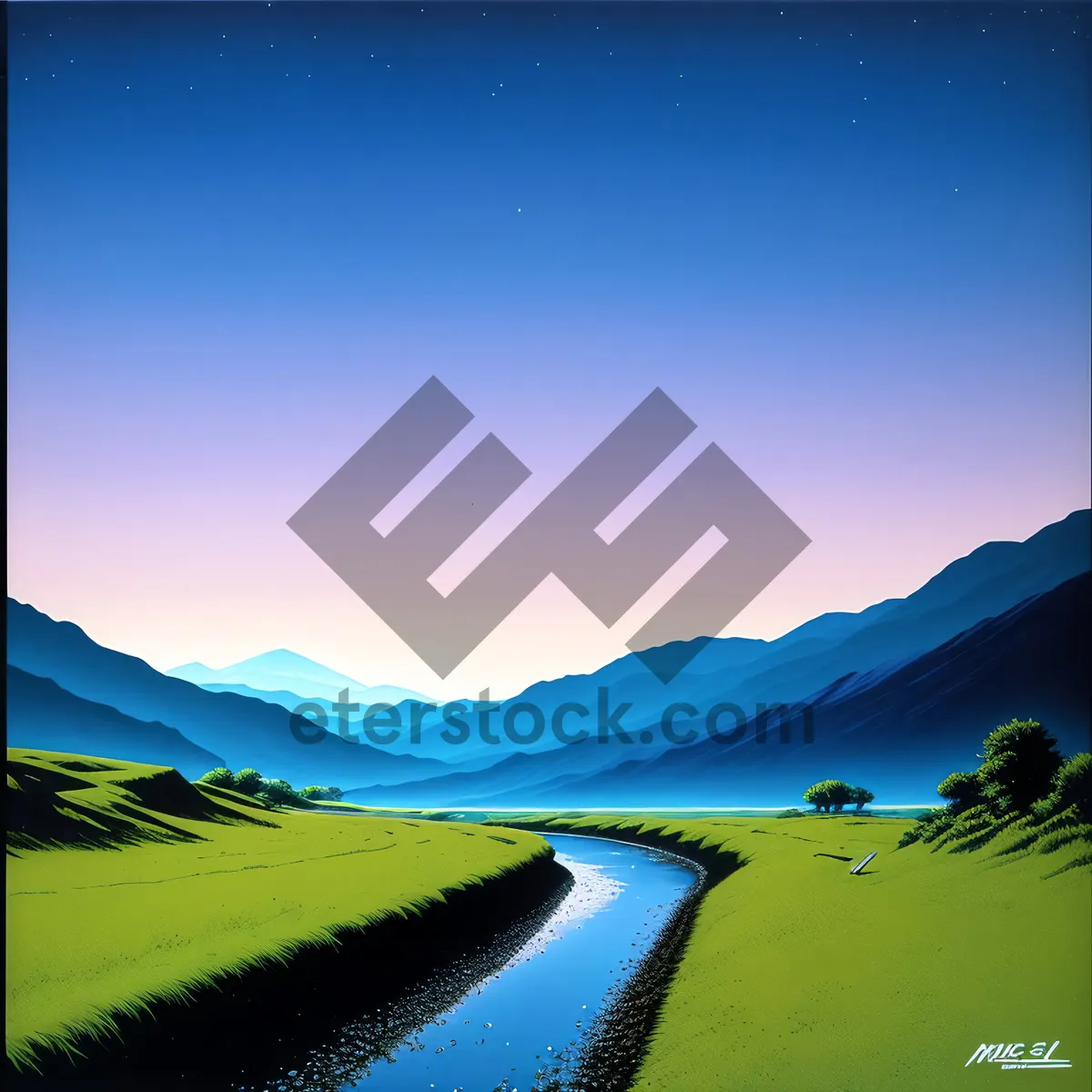 Picture of Sunset Over Rural Meadow: Vibrant Sky, Majestic Horizon