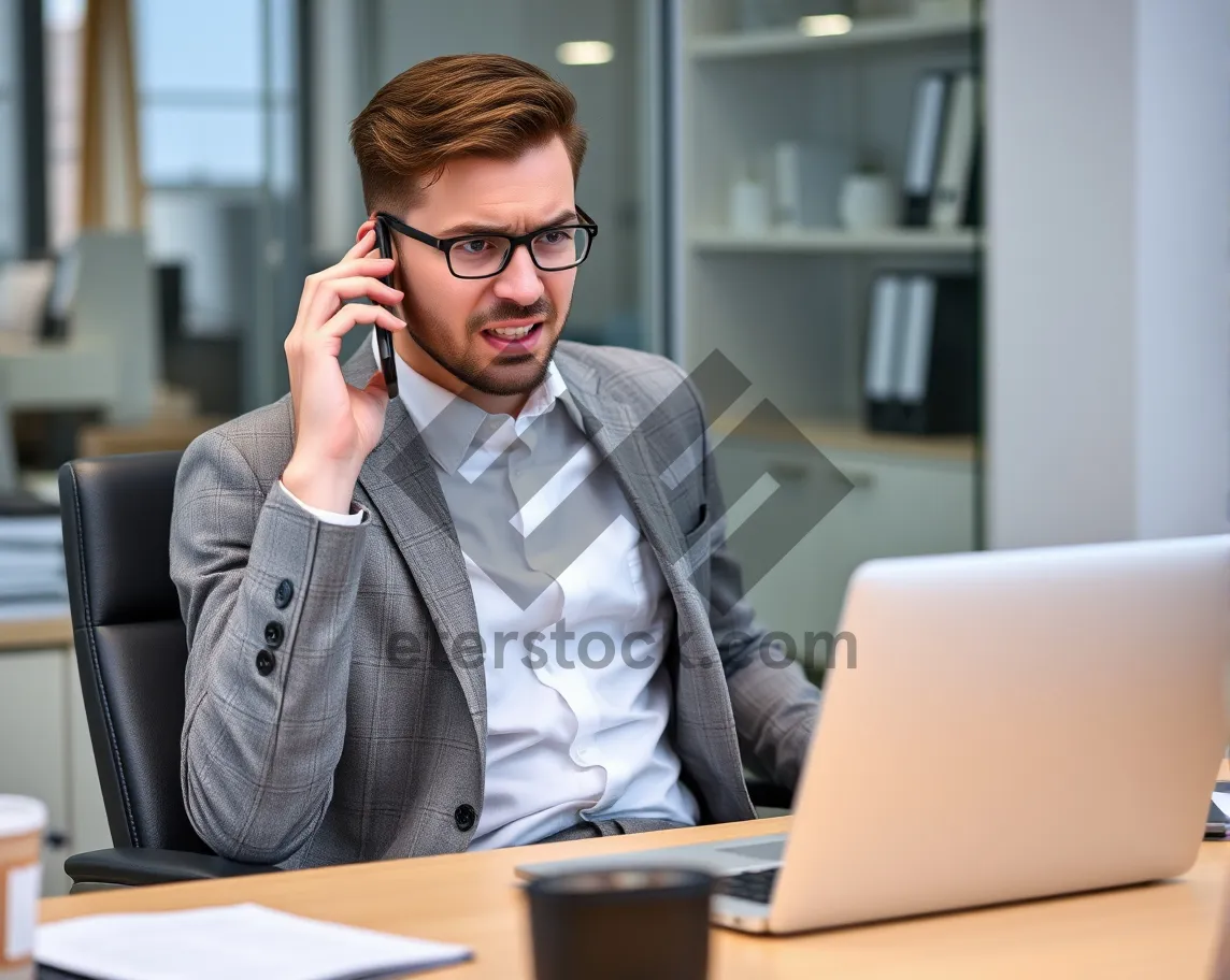 Picture of Smiling Businessman with Laptop in Modern Office