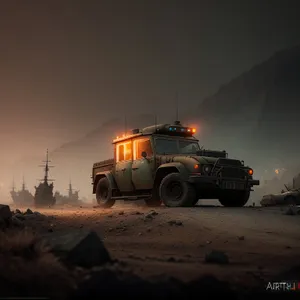 Desert Transport: Military Jeep and Tow Truck on the Road