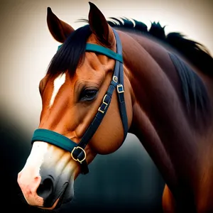 Brown Thoroughbred Stallion in Bridle and Halter