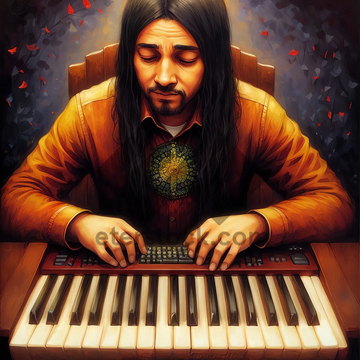 Picture of Harmonium Player Joyfully Performing on Keyboard