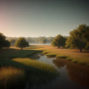 Serene countryside meadow basking under bright summer sky