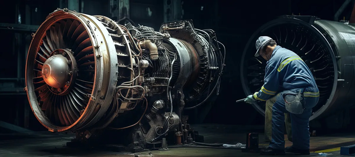 Picture of Vintage industrial turbine engine in spotlight