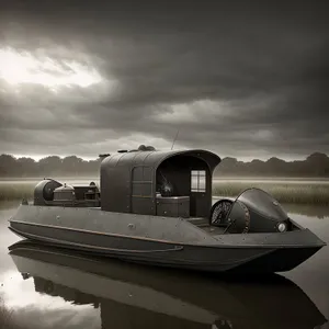 High-performance military hovercraft patrolling a vast ocean