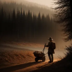 Silhouetted Tricycle Cart Man in Sunset Sky