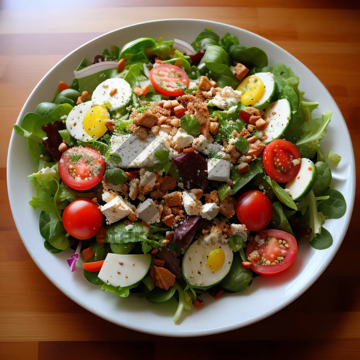 Picture of Healthy gourmet salad with fresh vegetables and cheese.