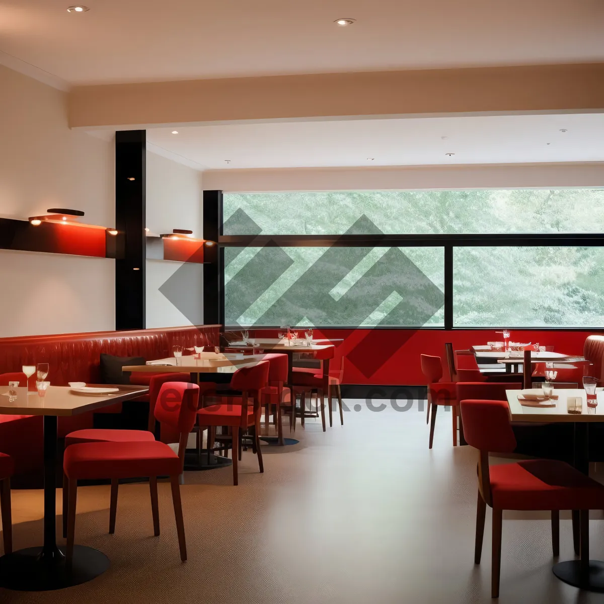 Picture of Modern luxury restaurant interior design with wooden furniture.