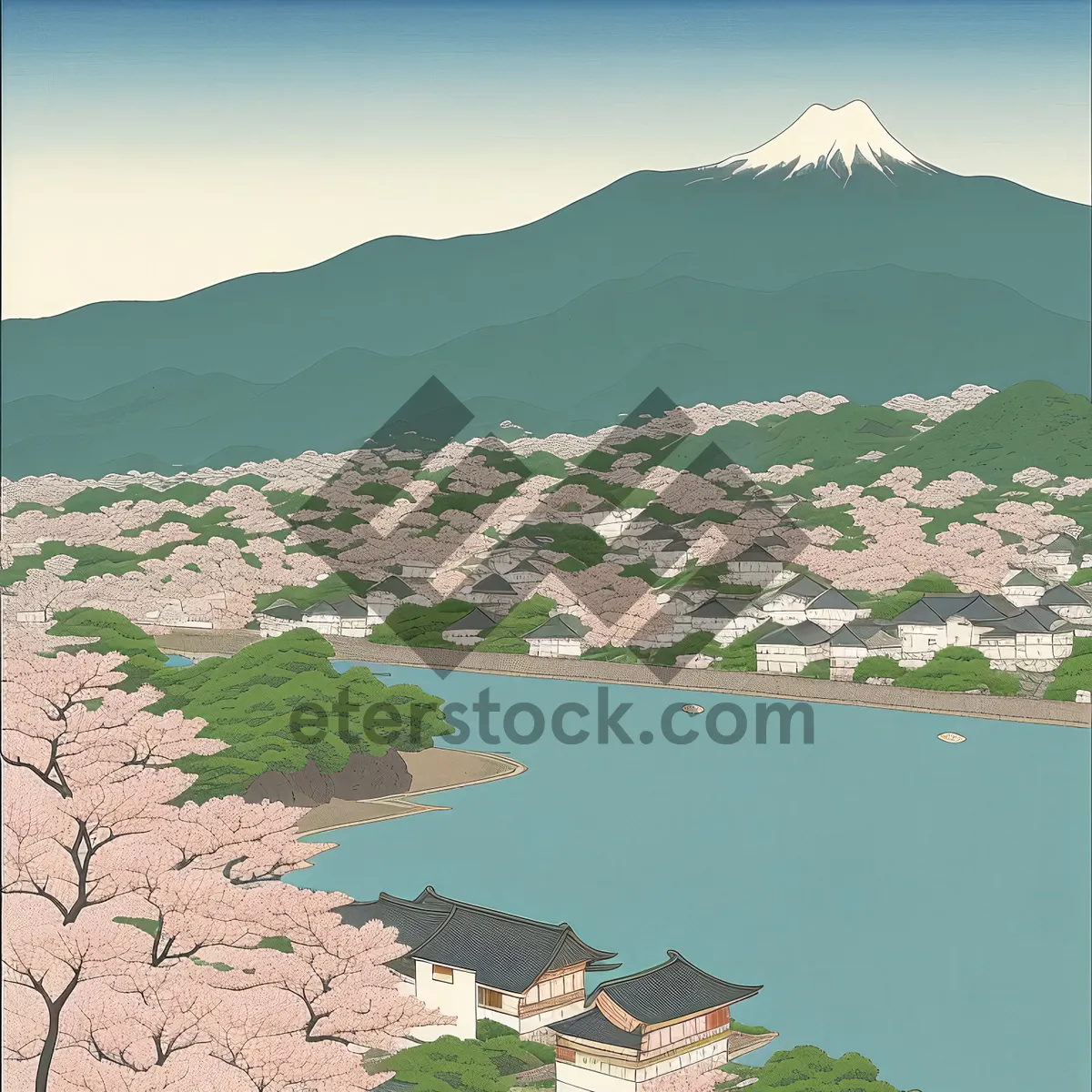 Picture of Serene Beachscape with Majestic Mountains in the Background