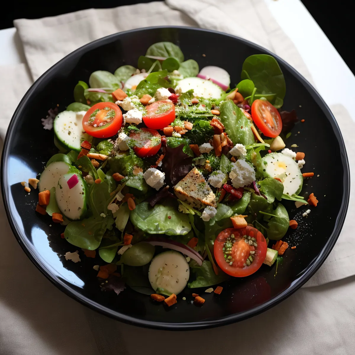 Picture of Fresh vegetable salad with grilled chicken and sauce.