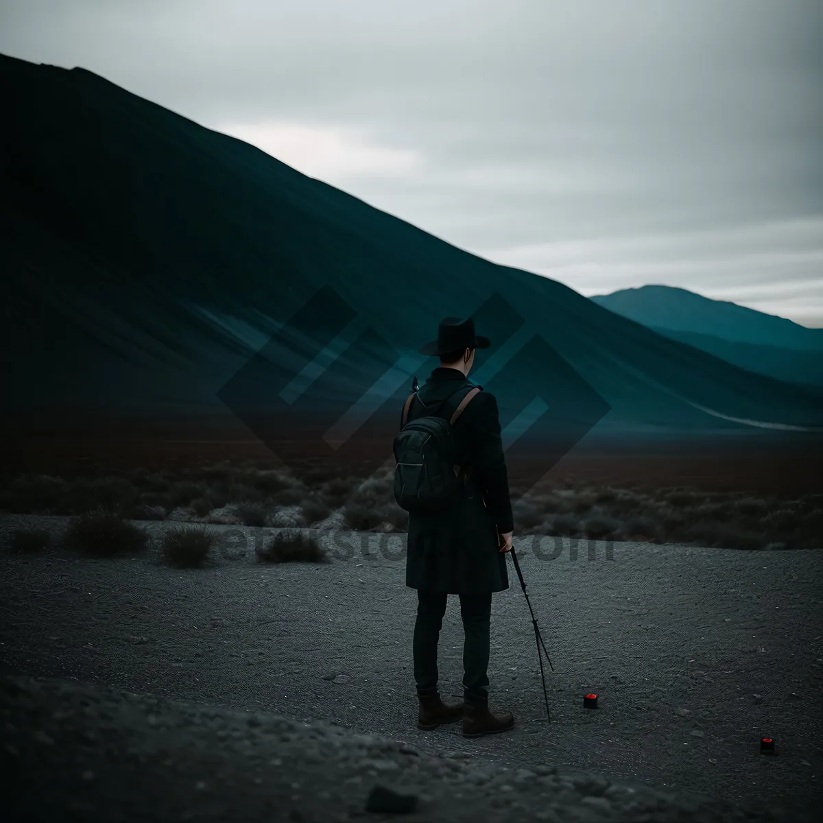 Picture of Silhouette of Man Hiking on Mountain during Sunset