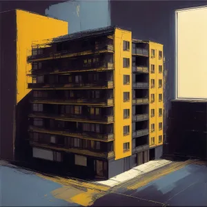 Modern urban apartment building against city skyline with warehouse tools and pallet in view